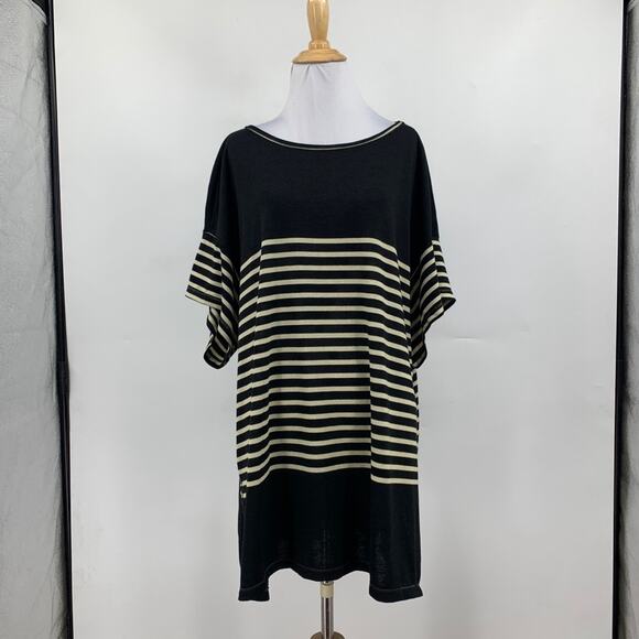 Max Studio Tunic Top Womens 2X Plus Black Sand Boatneck Striped Side Slits Boxy - Picture 2 of 13